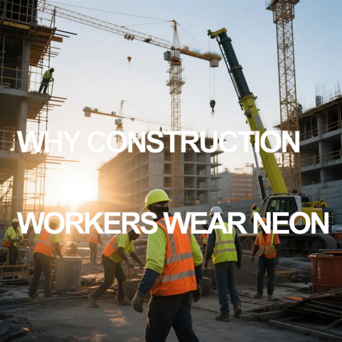 Workers in hi vis safety vests on construction site at sunrise