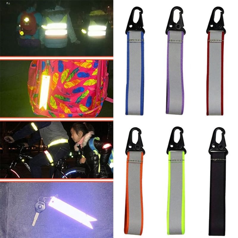 Webbing or rope reflective keychains made with woven reflective straps or braided cords, ideal for outdoor and safety use