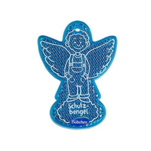 Blue angel-shaped hard reflector keychain made from durable acrylic, designed for child safety and night visibility, compliant with EN17353 standards.
