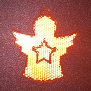 Orange angel-shaped LED hard reflector keychain with flashing light for night safety and outdoor visibility.