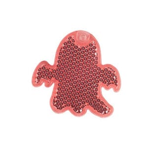 Red ghost-shaped hard reflector keychain with bright reflective surface for children’s safety and outdoor visibility.