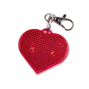 Red heart LED hard reflector keychain with flashing light for night safety and visibility.