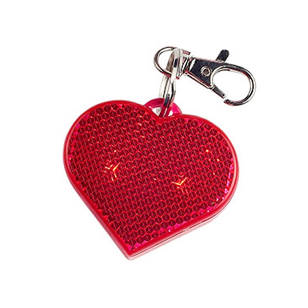 Red heart LED hard reflector keychain with flashing light for night safety and visibility.