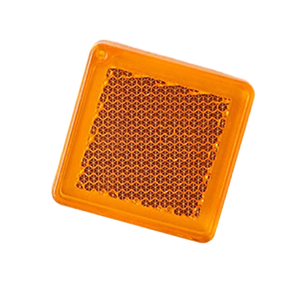 Orange square hard reflector keychain made of acrylic material with microprismatic surface for visibility and outdoor safety.