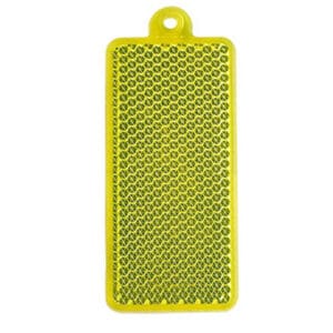 Yellow rectangular hard reflector keychain with bright reflective surface for outdoor safety and high visibility.