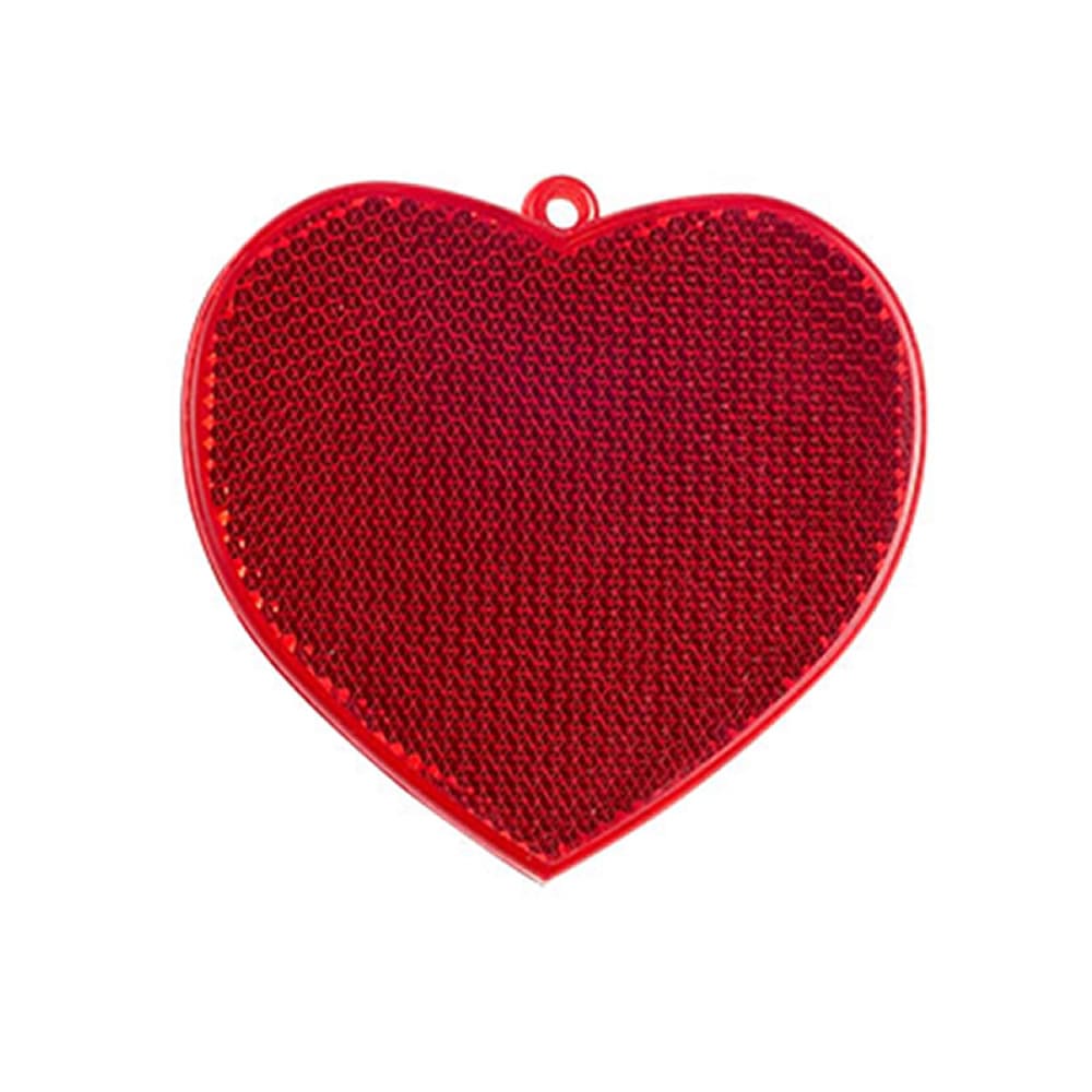 Red heart-shaped hard reflector keychain made of acrylic with a microprismatic reflective surface for outdoor safety and visibility.