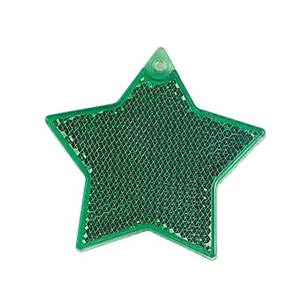Green star-shaped hard reflector keychain with bright reflective surface for outdoor visibility and safety accessories.