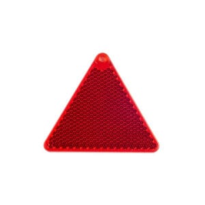 Red triangle hard reflector keychain with bright microprismatic surface for outdoor safety and high visibility.