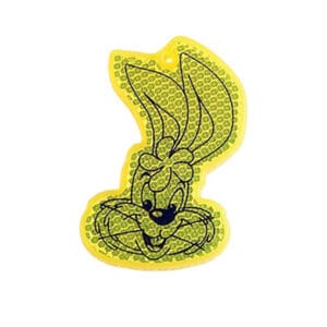Yellow rabbit-shaped acrylic hard reflector keychain with microprismatic surface for kids’ bags, safety promotions, and outdoor visibility.