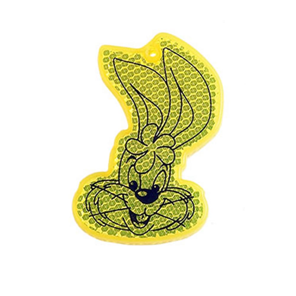 Yellow rabbit-shaped acrylic hard reflector keychain with microprismatic surface for kids’ bags, safety promotions, and outdoor visibility.