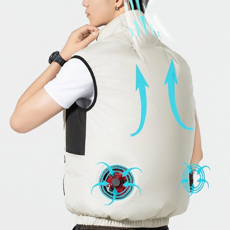 Cooling fan vest showing airflow circulation on back panel