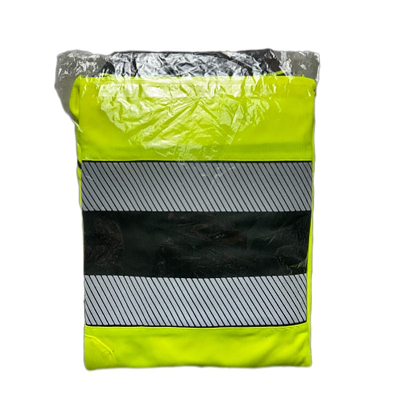 hi vis polo shirt packaging showing folded reflective shirt front and back view in plastic sleeve