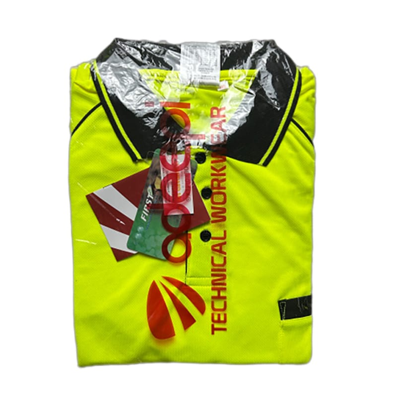 hi vis polo shirt packaging showing folded reflective shirt front and back view in plastic sleeve