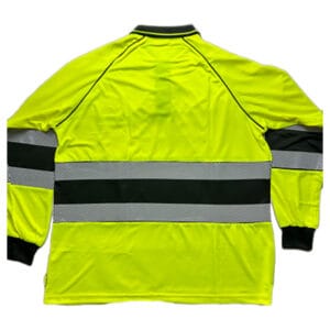 flat lay of high visibility polo shirt showing reflective stripes on torso and sleeves