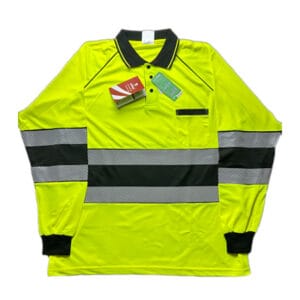 flat lay of high visibility polo shirt showing reflective stripes on torso and sleeves