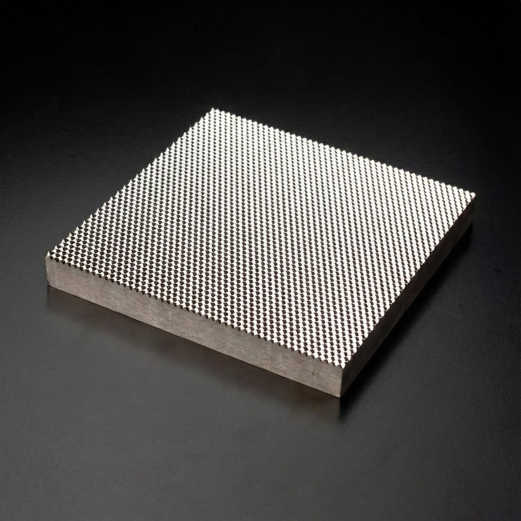 Close-up of a Single Point Diamond Turned (SPDT) master mandrel showing microscopic cube-corner arrays for retro-reflector manufacturing.