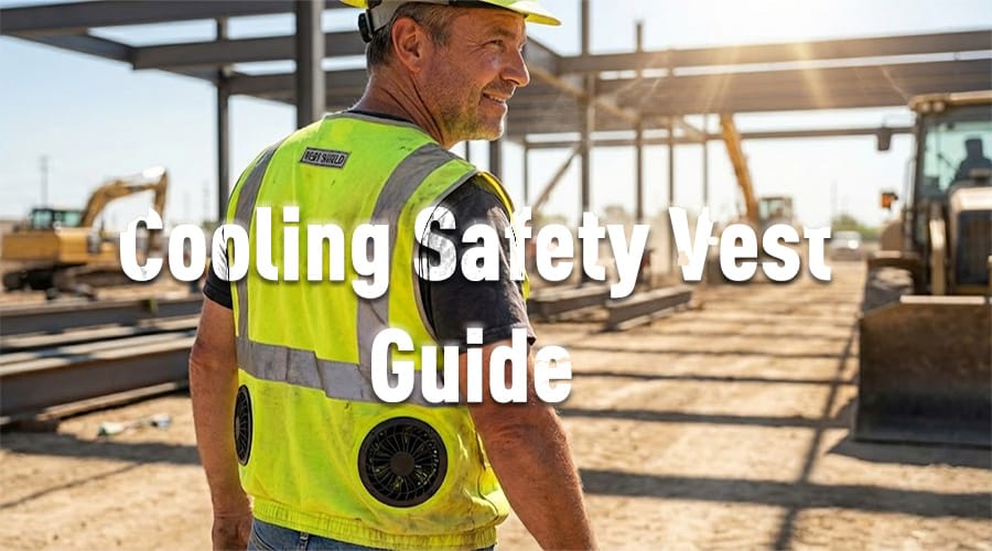 A construction worker wearing a bright yellow cooling safety vest with built-in fans standing comfortably under the sun