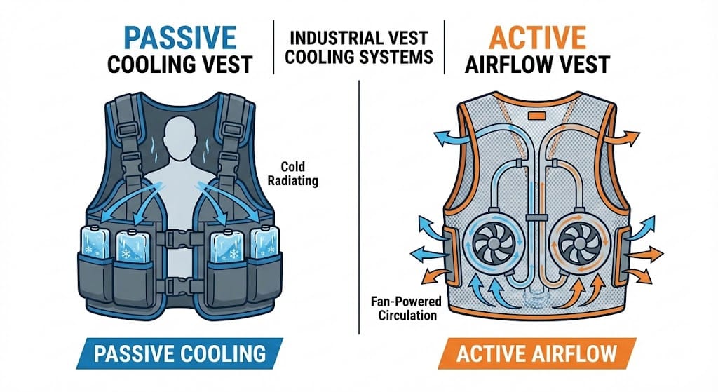 Illustration showing how a vest with fan circulates air compared to an ice vest which sits static against the body