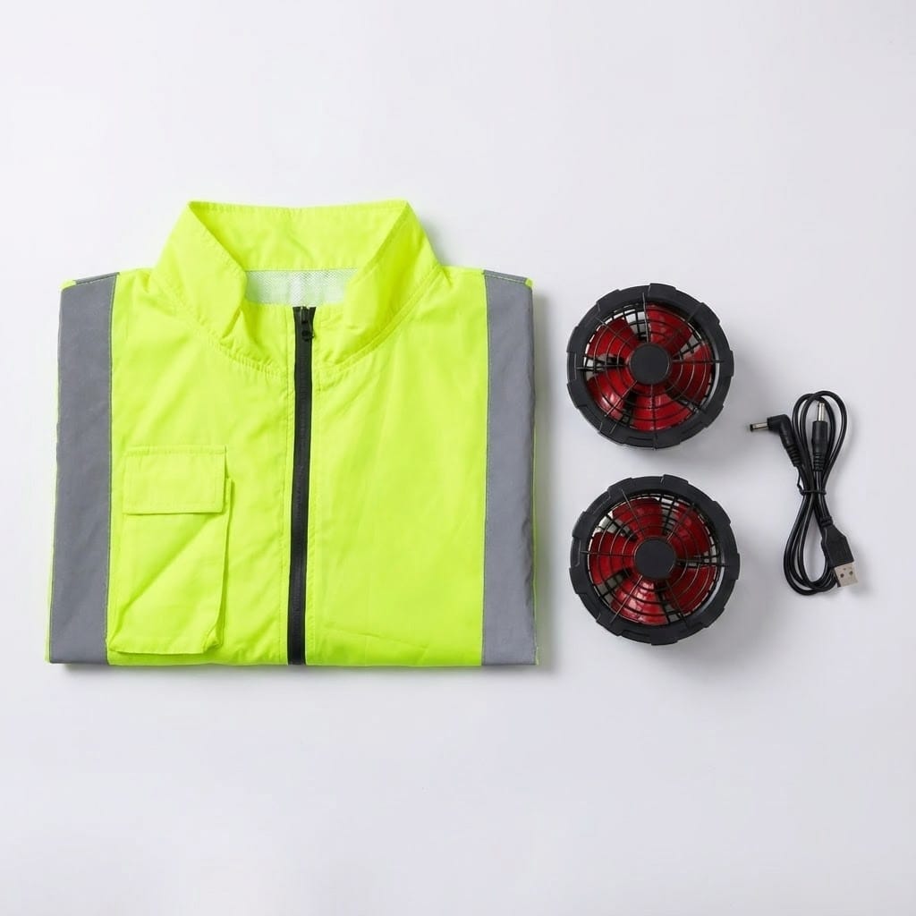 A set of detachable fans and a battery next to a folded cooling safety vest, showing how easy it is to disassemble for washing