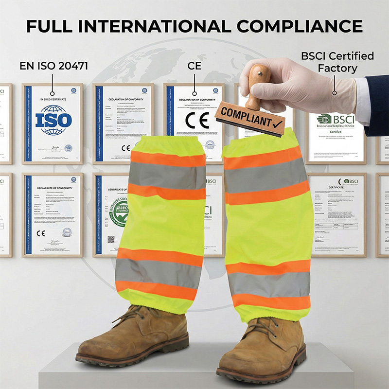 High visibility leg gaiters shown with safety certification background