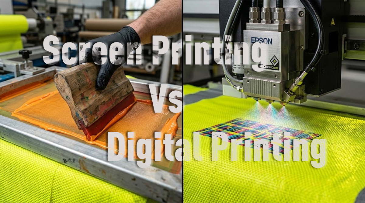Side-by-side comparison of screen printing vs digital printing applied to high-visibility yellow safety apparel.