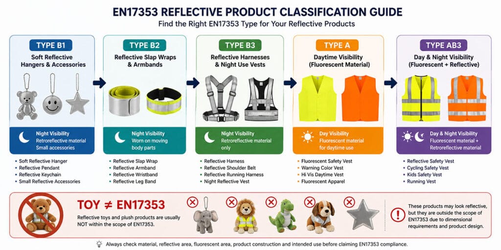 EN 17353 reflective product classification chart covering B1, B2, B3 and Type A classes