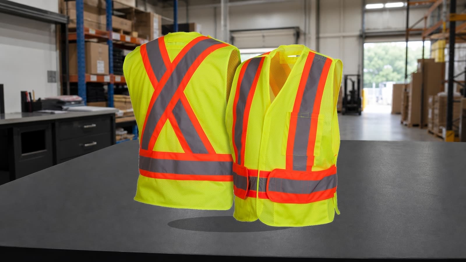 Real fluorescent yellow five-point breakaway safety vest displayed in a warehouse inspection setting