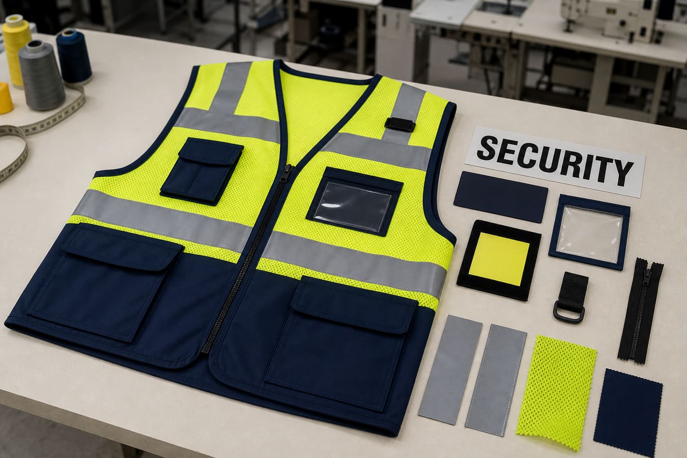 Security hi vis vest customization options including ID pocket, radio loop, reflective tape and SECURITY printing