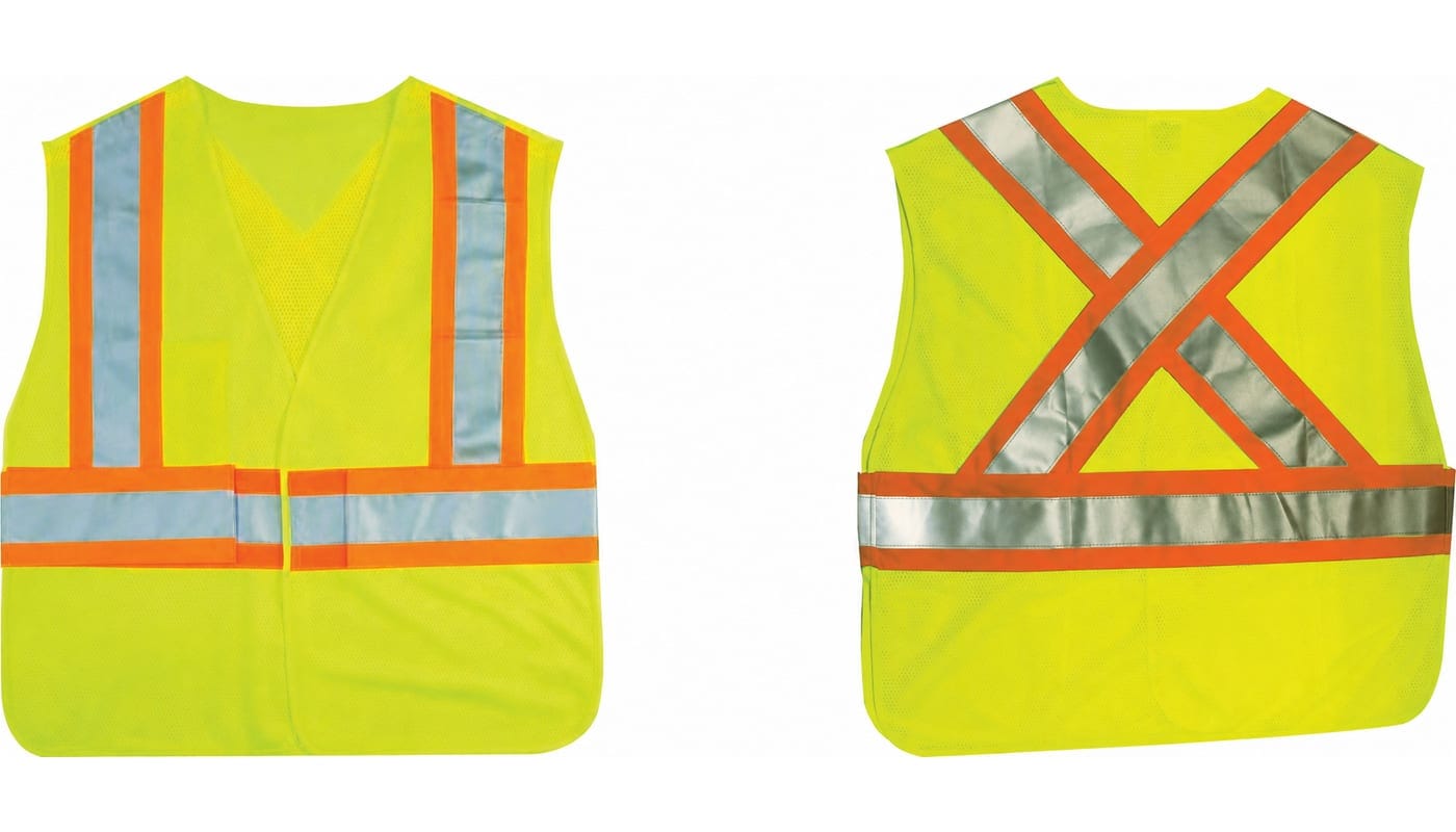 Different real fluorescent yellow high visibility vest shown from the front and back with X-back reflective tape