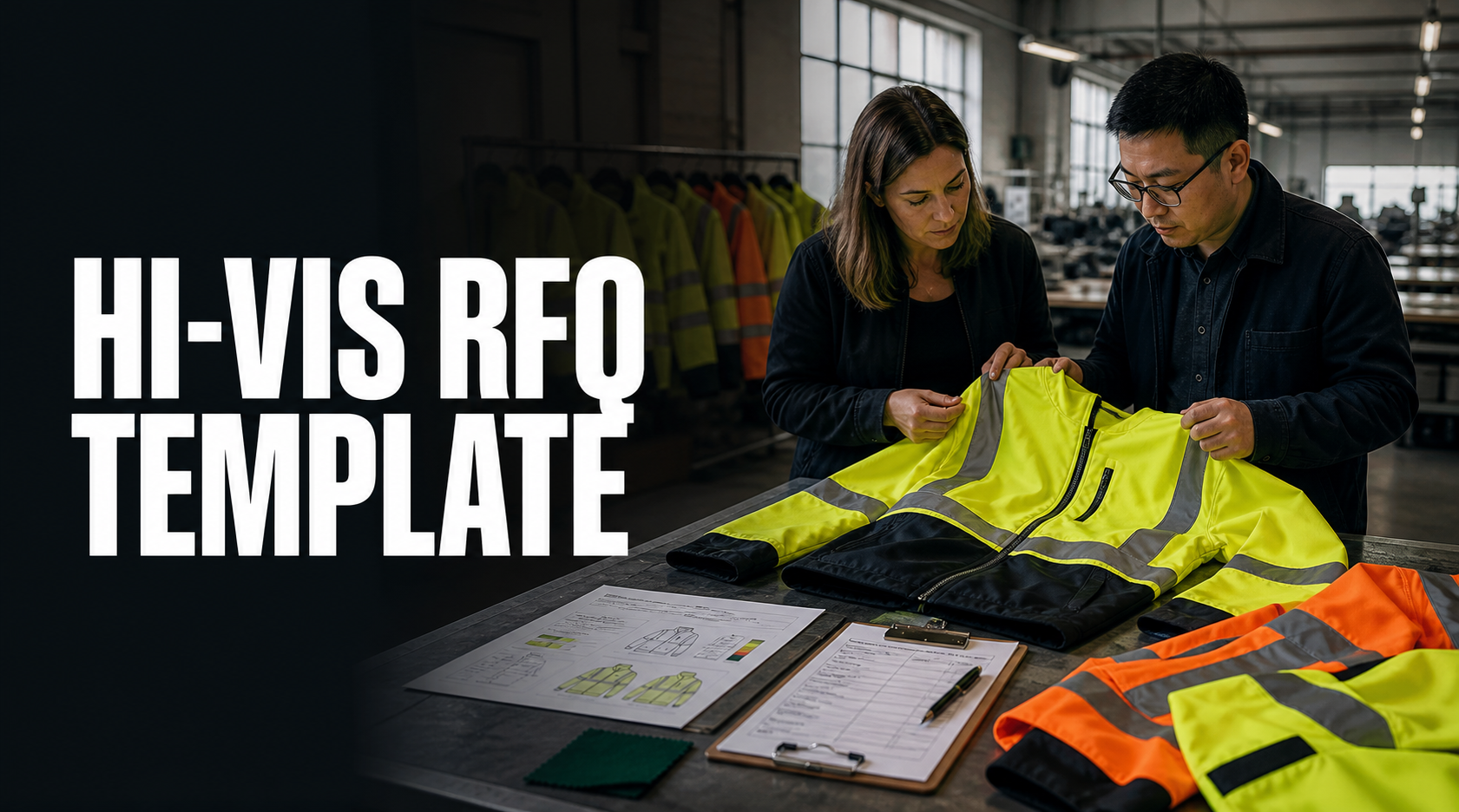 Hi-vis workwear buyers reviewing a reflective jacket sample for an RFQ