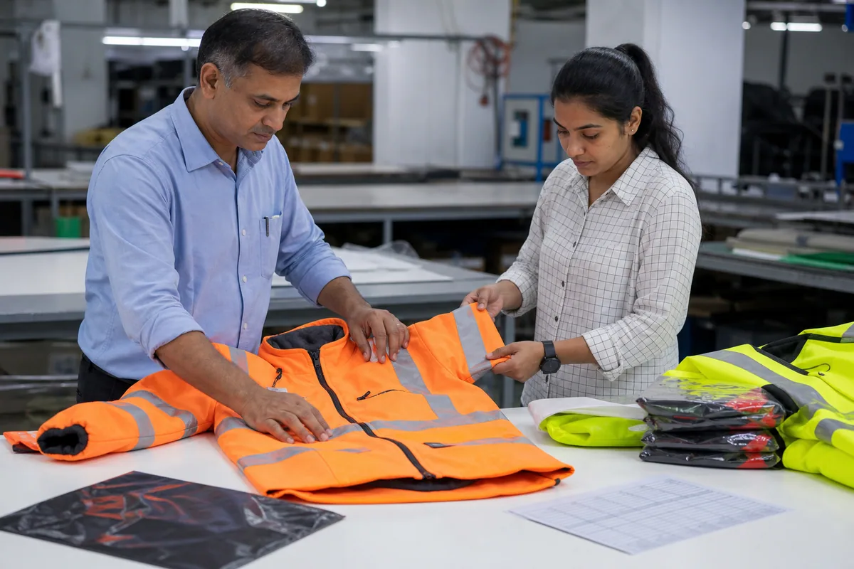 Quality staff inspecting reflective jackets during pre-production approval