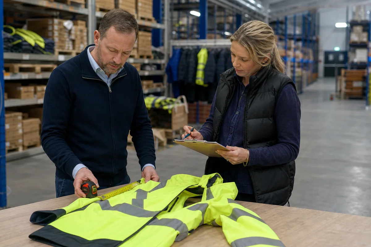 Procurement team measuring a hi-vis jacket and checking it against a written specification