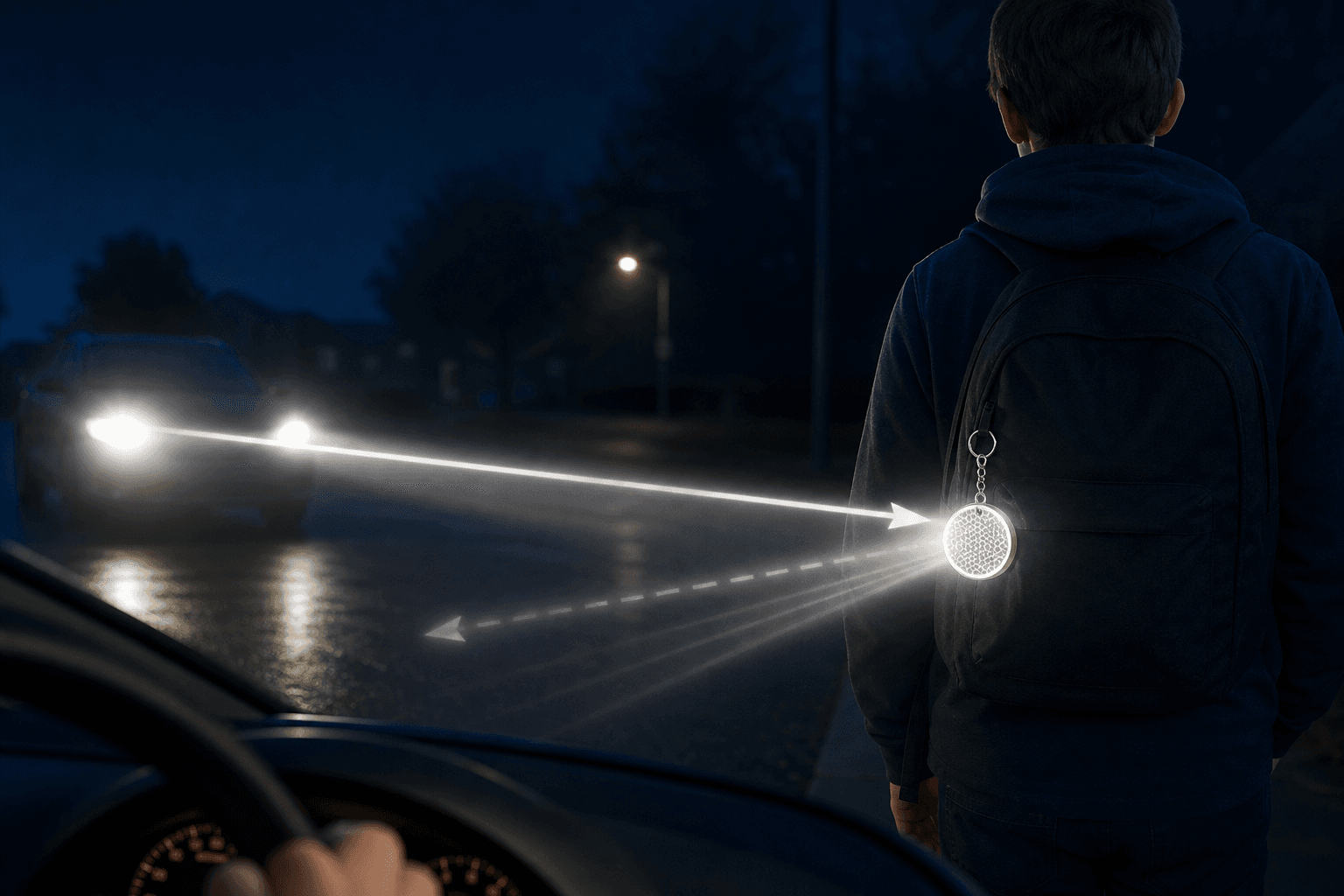 Car headlights striking a reflector keychain on a backpack and returning light toward the driver