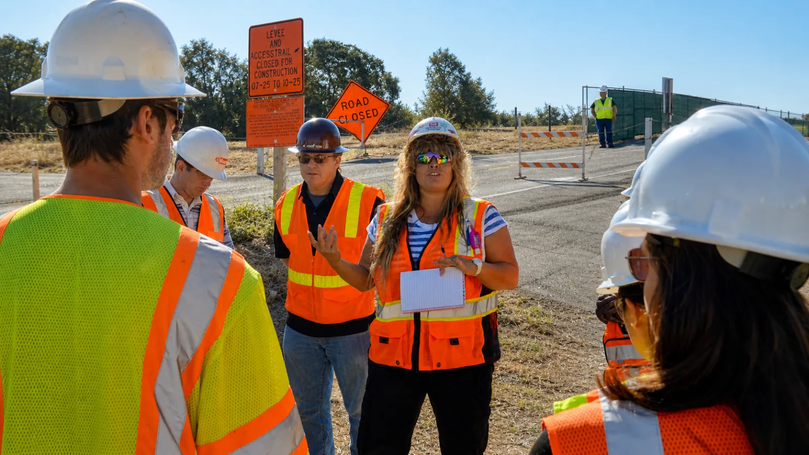 Construction crew wearing high-visibility safety apparel during a work-zone briefing