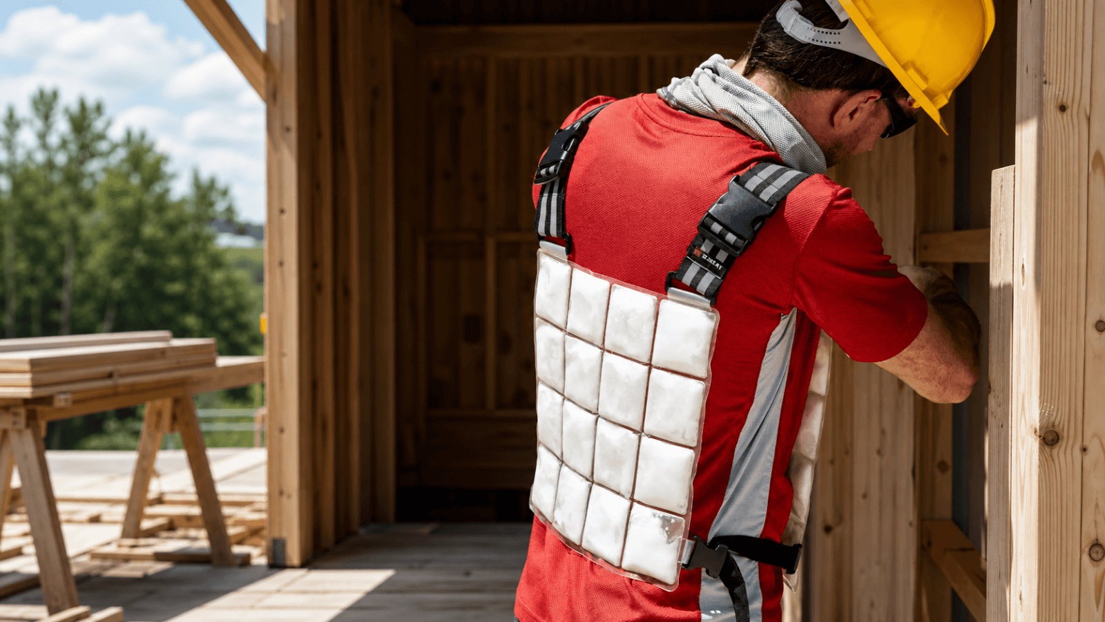 Construction worker wearing a phase change material cooling vest