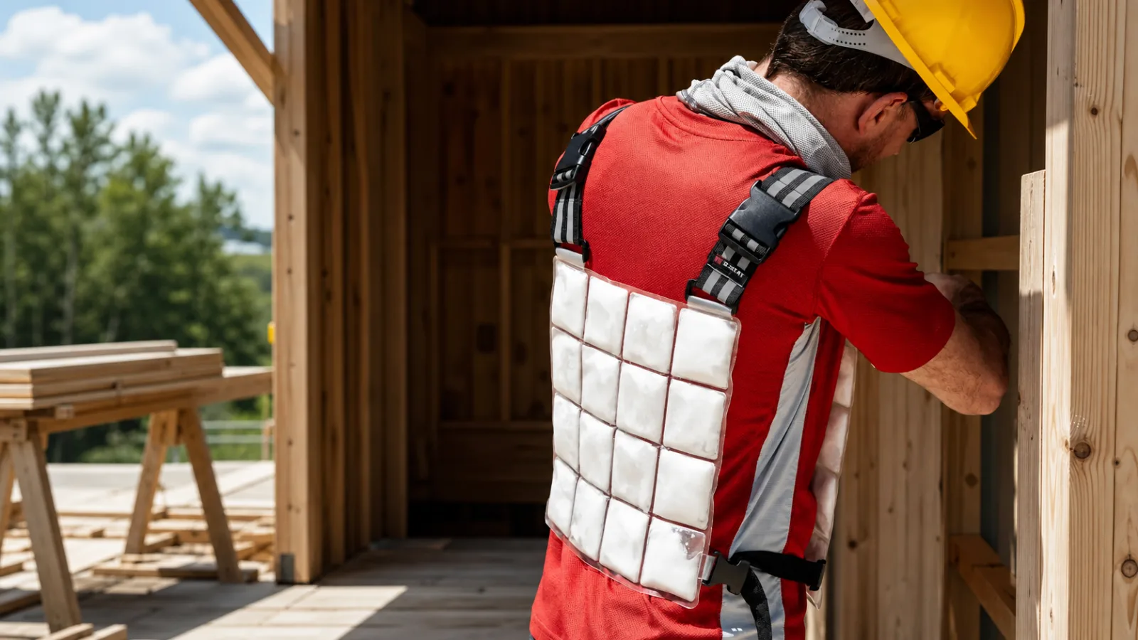 Construction worker wearing a phase change material cooling vest