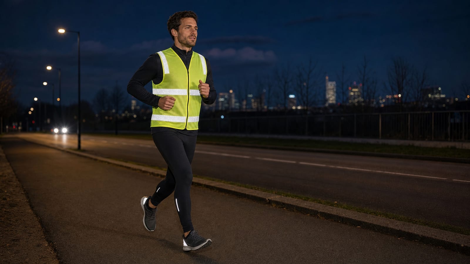 Night runner wearing an unbranded reflective running vest with reflective details on tights and shoes