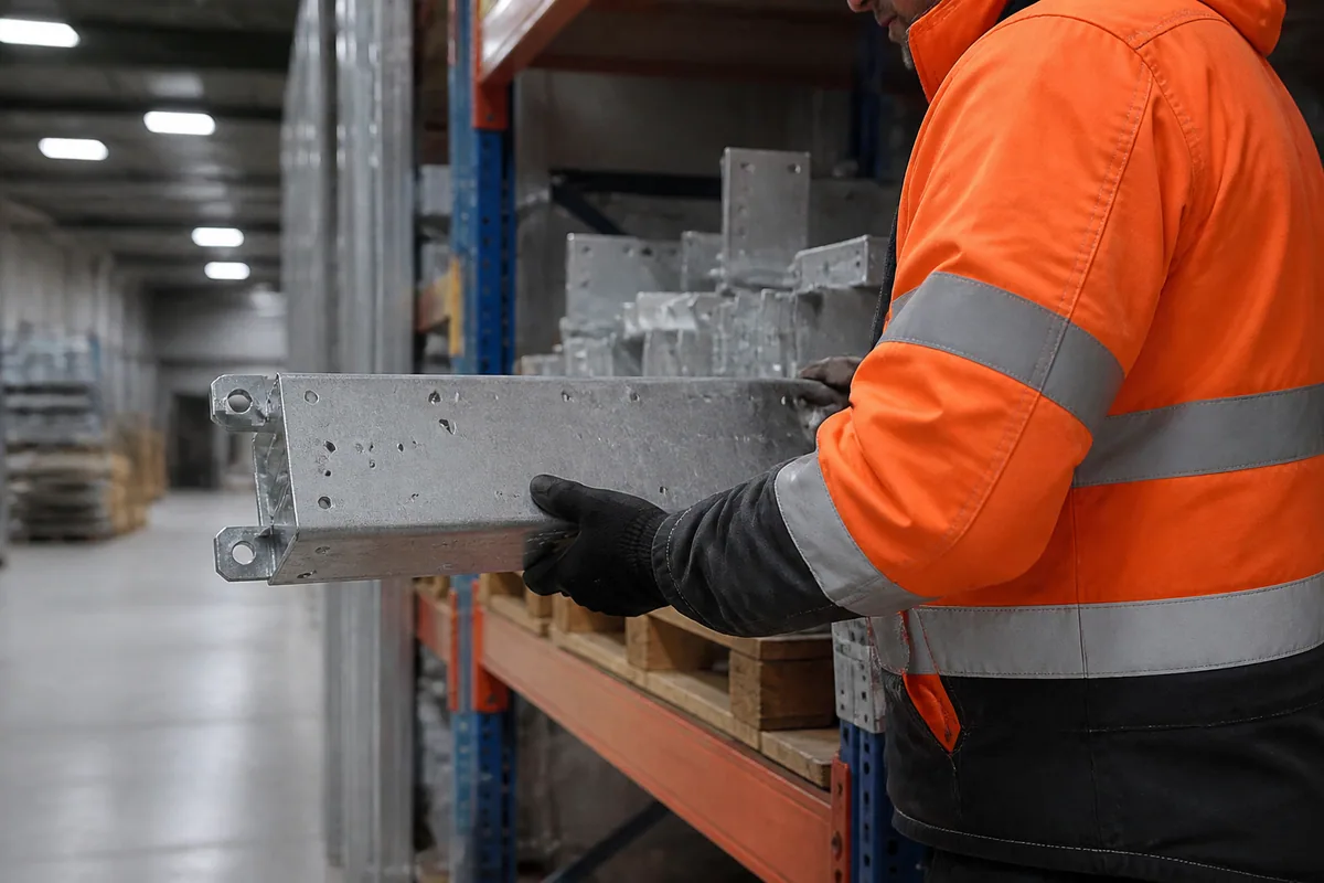 Worker inspecting a galvanized metal component while wearing an orange reflective safety jacket