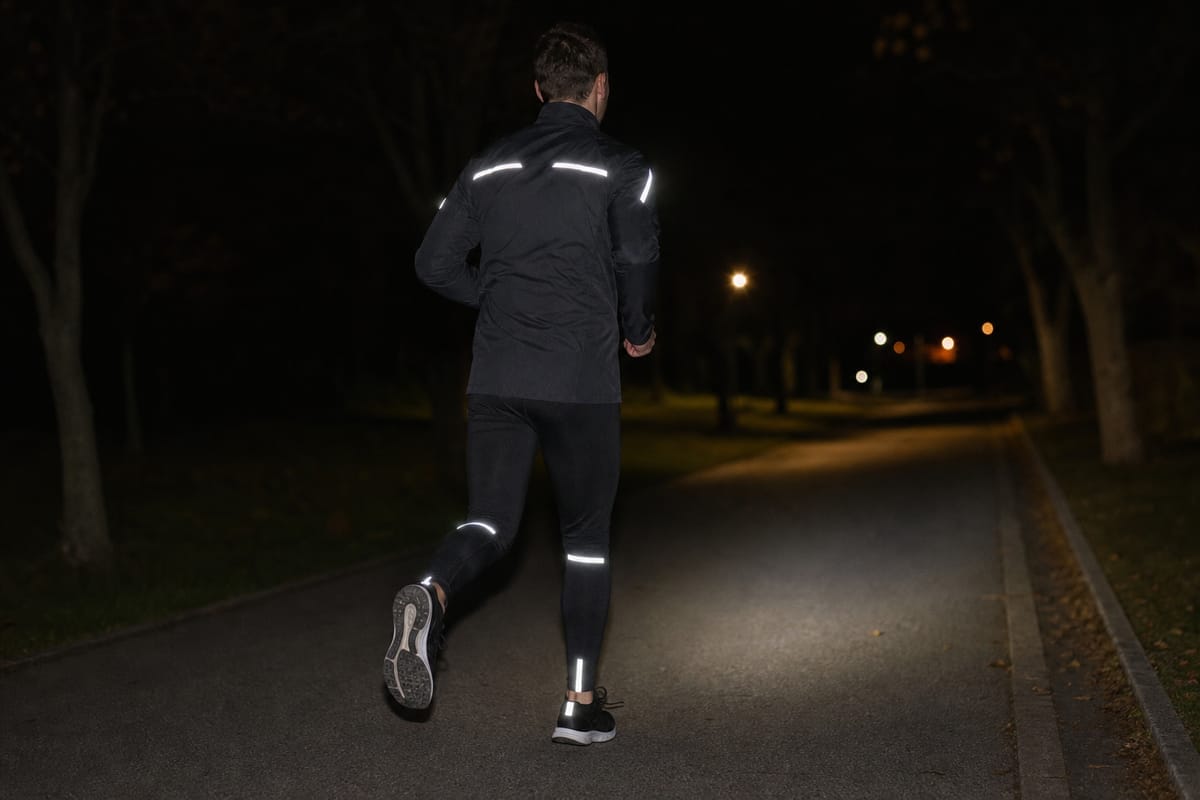 Rear view of a night runner with reflective details across the jacket, knees, ankles, and shoes
