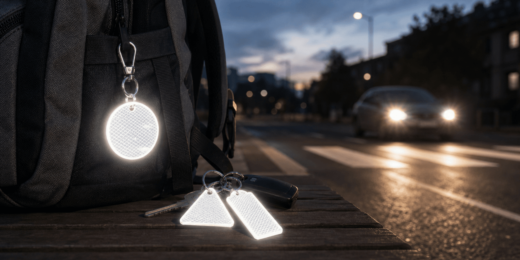 Reflector keychains glowing in car headlights beside a backpack at dusk