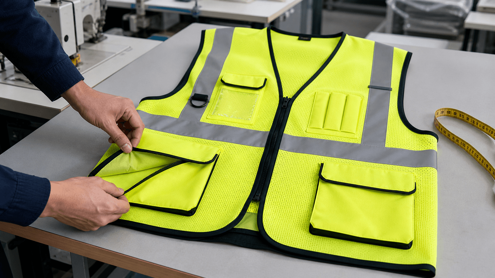 Inspector checking a high visibility safety vest with multiple functional pockets