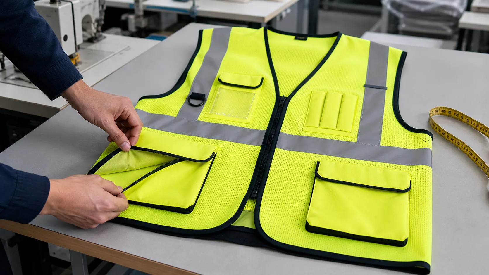 Inspector checking a high visibility safety vest with multiple functional pockets