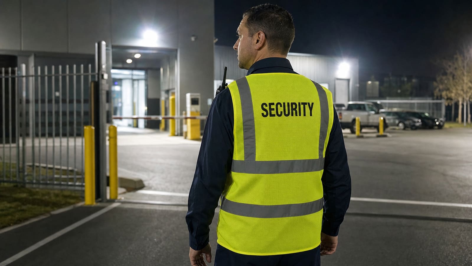 Security guard wearing a custom hi vis vest during a night patrol at a commercial entrance