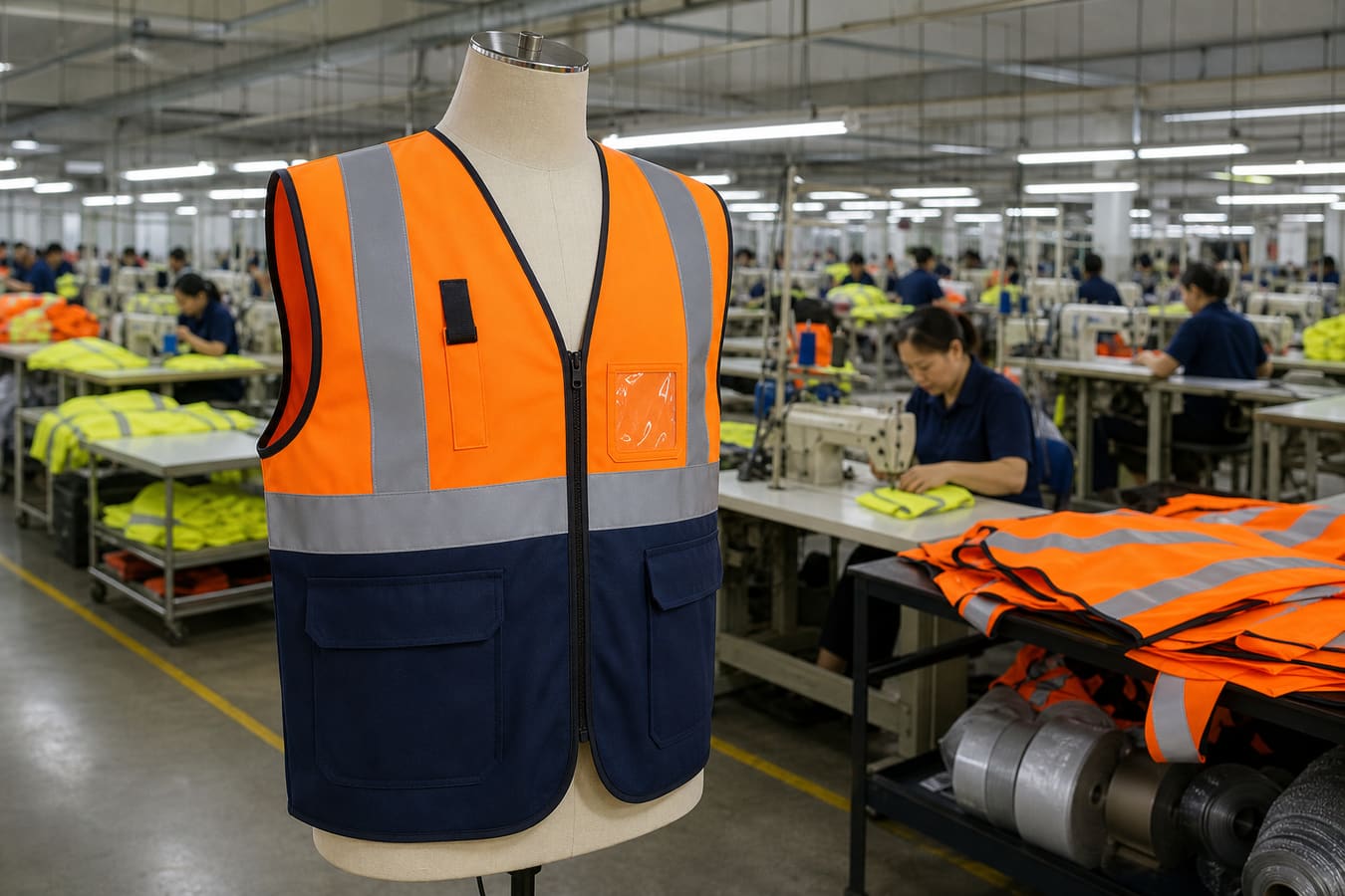 Custom orange and navy security hi vis vest displayed inside a high visibility garment factory
