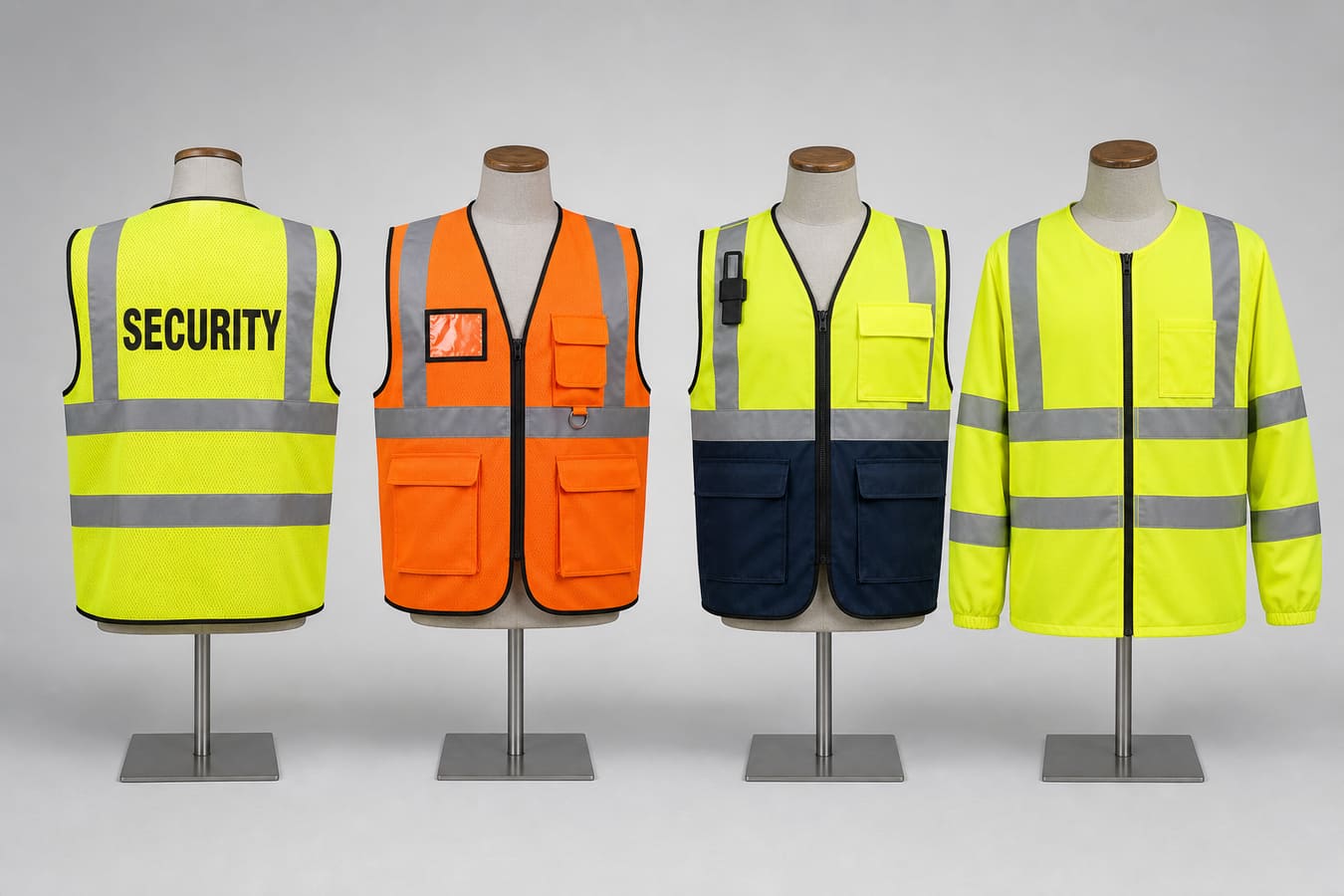 Four custom security hi vis vest styles for patrol, events and access control