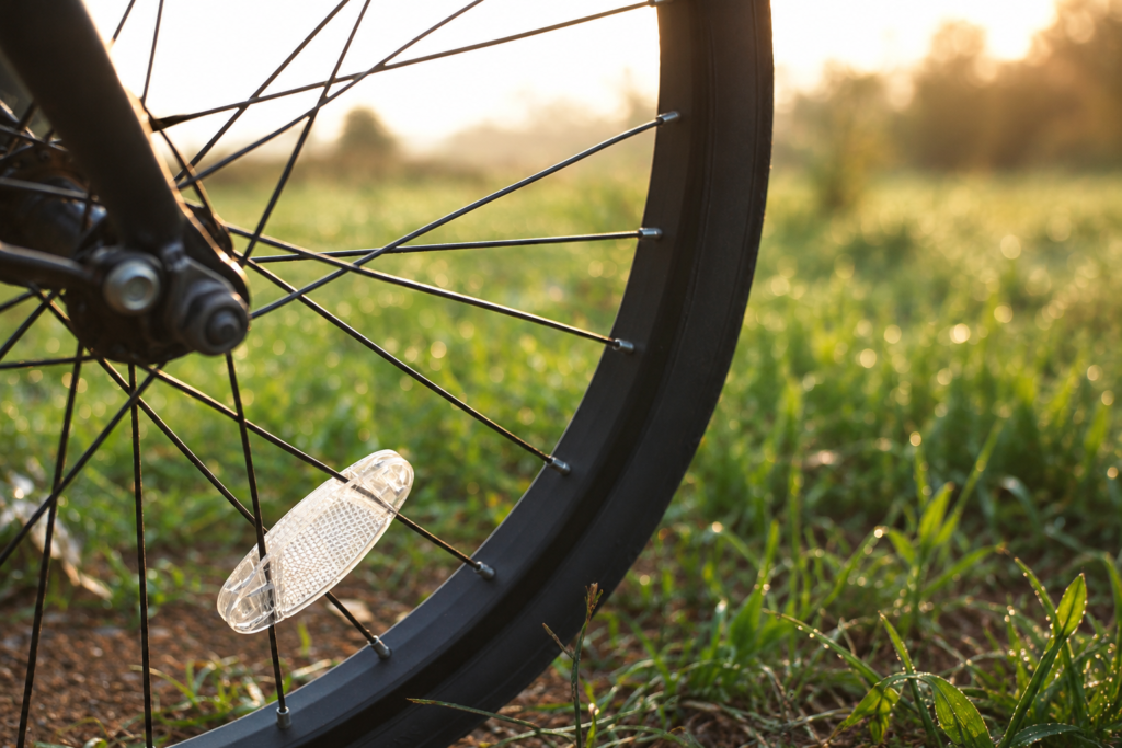 Clear spoke reflector clipped to the spokes of a bicycle wheel