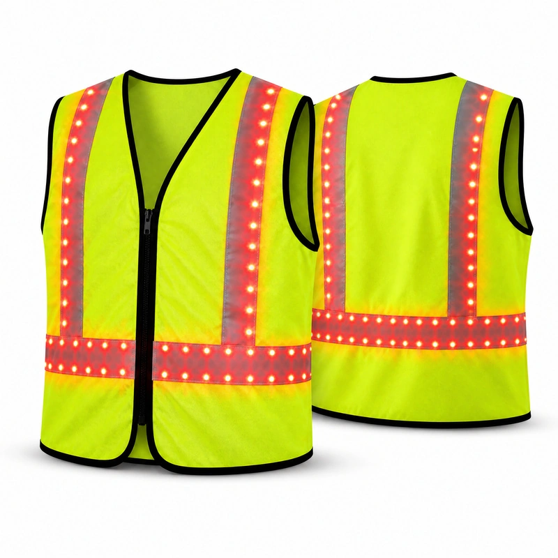 Paired front and back views of the yellow LED safety vest showing red lights along the front and rear bands
