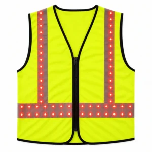 Yellow LED safety vest with red lights on silver-gray bands, black edging and a central front zipper