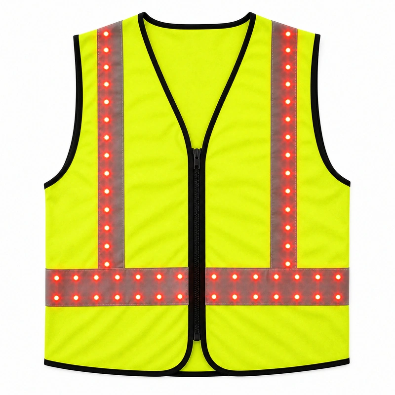 Yellow LED safety vest with red lights on silver-gray bands, black edging and a central front zipper
