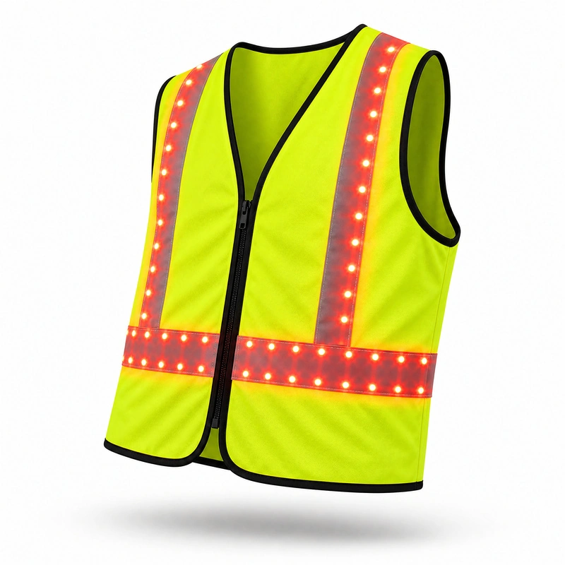 Angled yellow LED safety vest with visible side outline, black armhole edging and red light points